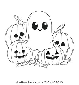 Ghost and Pumpkin Outline Drawing Halloween T-Shirt Vector Illustration Design