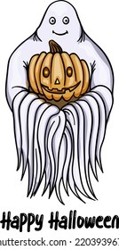 Ghost with pumpkin. simple drawing on the theme of Halloween, a cute ghost. isolated on white background, design for holiday, for kids