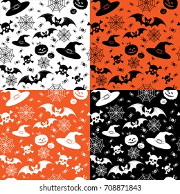 Ghost, pumpkin, spider, web, skull, hat, witch, and bat seamless pattern.