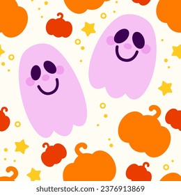 Ghost Pumpkin and Stars Cute Cartoon Halloween Seamless Repeating Vector Pattern