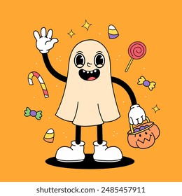 A ghost with a pumpkin with sweets in a cartoon retro groove style on a yellow orange background. Halloween greeting card poster. Vector illustration.
