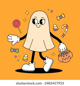 Un fantasma con una calabaza con dulces en un estilo de ranura retro de dibujos animados sobre un fondo amarillo naranja. Cartel de la tarjeta de felicitación de Halloween. Ilustración vectorial