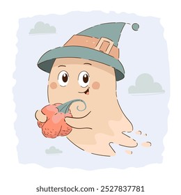 A ghost with a pumpkin, vector. Children's illustration, Halloween holiday