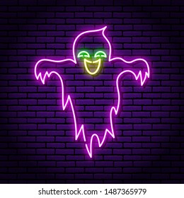 Ghost purple neon sign. Against the background of a brick wall. Halloween. Kind smile.