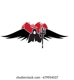 Ghost queen with wings, trident, halo and red grunge heart