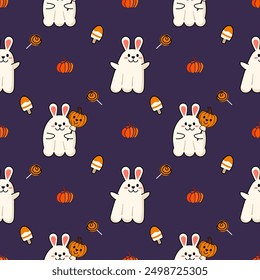 Ghost rabbit cartoon so cute. On pumpkin ice cream lollipop purple background. Hello Halloween.  Pattern seamless vector illustration. 
