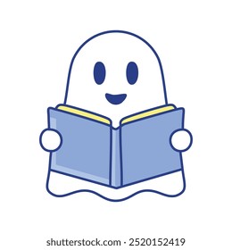 Livro de leitura fantasma. Personagem fantasma bonito lendo um livro, simbolizando a alegria de aprender e conhecimento. Ideal para projetos educacionais e literários.