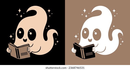 Ghost reading books illustration. Sheet ghost holding a book. Fall season aesthetic cute flat design. Minimalist vector illustration for printable products.