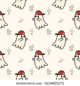 Ghost and red hat cartoon so cute. On house tree moon cloud background. Pattern seamless vector illustration. 