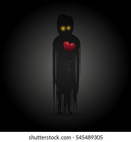 Ghost with red heart in darkness. Vector illustration