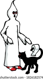 Ghost with red and white socks gets a little help from black cat, as a toilet  paper holder. 