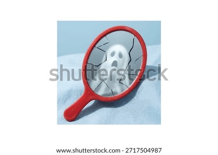 A ghost reflected in a broken red-handled magnifying glass on a blue surface, conveying a spooky atmosphere.
