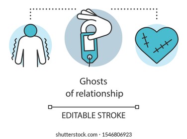 Ghost of relationship concept icon. Emotional problem, depression idea thin line illustration. Depressed person and heart with stitches vector isolated outline drawing. Editable stroke
