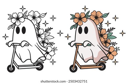 Ghost ride cute, flower handrawn vector, halloween