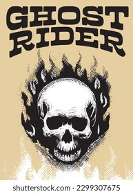 Ghost Rider, viejo afiche oeste, pegatina retro, Inferno, disparo de cráneo, épico, mascarada, vaquero, occidente, mascota de pandillas, silueta, Halloween