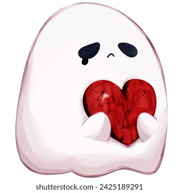 A ghost is sad about a broken love. red heart with mark The white ghost rushed to his heart and cried.