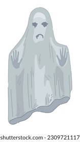 Ghost sad spooky phantom monster doodle. Halloween vector illustration in cartoon style. Dark theme clipart isolated on white..