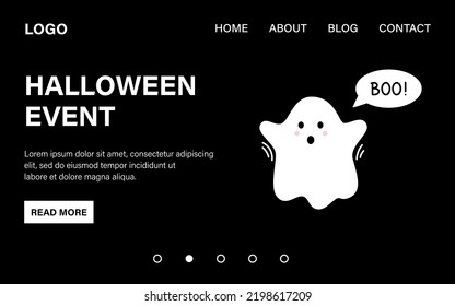Ghost saying boo. Landing page web template. Website design. Halloween web site template with cute spirit.