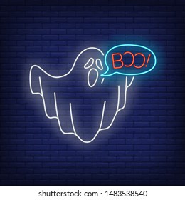 Ghost saying boo neon sign. Halloween party, fear design. Night bright neon sign, colorful billboard, light banner. Vector illustration in neon style.