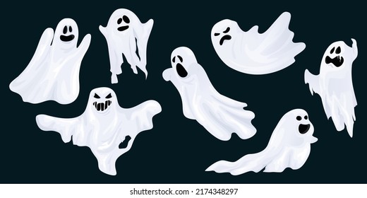 Ghost scares horror character set. Cute funny boo, ghost leaf halloween character design. Isolated vector illustration.