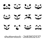 ghost scary face expressions set, funny halloween icons, spooky jack-o-lantern character collection, black eyes and mouth on white background