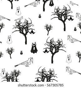 Ghost seamless. Happy Halloween. Halloween scary ghost isolated. Pattern, black and white, silhouette, bat, chicken, tree, bird