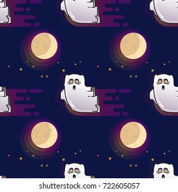 Ghost seamless pattern. Cute cartoon flying ghost and Moon isolated on dark background.