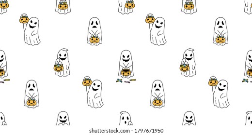 Ghost seamless pattern Halloween spooky pumpkin basket candy cartoon vector scarf isolated tile background repeat wallpaper devil evil doodle illustration gift wrap paper design