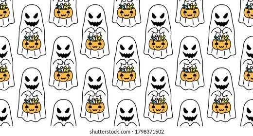 Ghost seamless pattern Halloween spooky pumpkin basket candy cartoon vector scarf isolated repeat wallpaper tile background devil evil doodle illustration gift wrap paper design