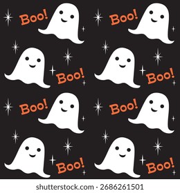 Nahtloses Ghost-Muster. Fröhliches Halloween, Halloween-Kulisse. Vektorvorlage für Gewebe, Textilien, Tapeten, Umhüllungspapier