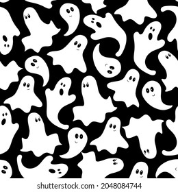 Ghost seamless pattern on black background. Good for textile print, wrapping and wall paper, label and other decoration for Hallowen.