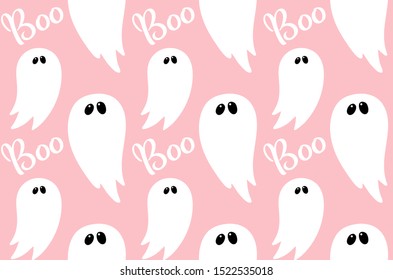 Ghost seamless pattern on pink with hand drawn text Boo for children halloween party paper, holiday celebration invitation. Spooky vector pattern with doodle and text, cute poltergeist spirit phantom