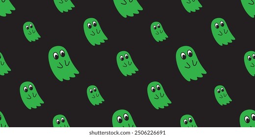 Ghost seamless pattern spooky Halloween green vector cartoon gift wrapping paper tile background repeat wallpaper scarf isolated illustration doodle design