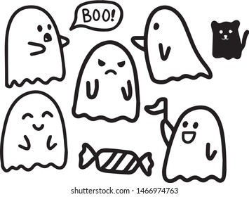 Ghost Set "Boo" Halloween ghost  Boo. Vector. Kawaii Style cute clip art ghost halloween theme set of five cute ghost illustrations