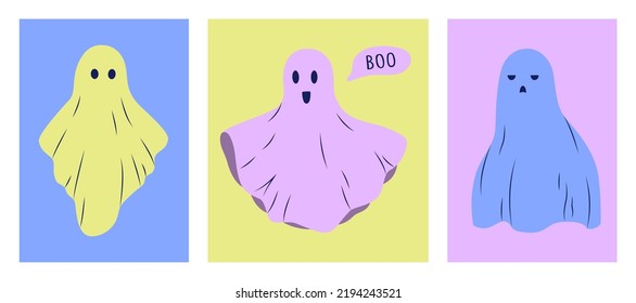 Ghost set. Funny multicolored ghost monsters on colored background for Halloween. Flying fabric, phantoms in different poses and with different emotions, cartoon creepy characters. Vector
