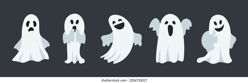 Ghost. Set of ghosts with different emotions. Vector clipart isolated on dark background.
