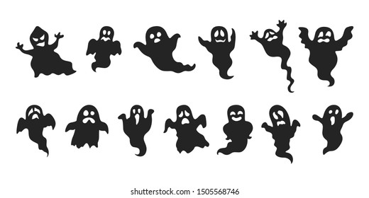 Ghost set. Spooky halloween silhouette. Horror costume. Creepy character, mystery shape. Vector illustration in cartoon style