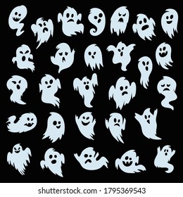 Ghost set. Spooky halloween silhouette. Horror costume. Creepy character, mystery shape. Vector illustration in cartoon style