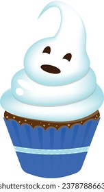 ghost shaped cupcake with chocolate eyes and mouth for halloween