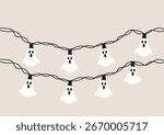 Ghost shaped string lights glowing in white color hanging on black wire, spooky decoration for Halloween night celebration, vector flat illustration	