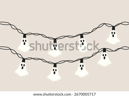 Ghost shaped string lights glowing in white color hanging on black wire, spooky decoration for Halloween night celebration, vector flat illustration	