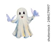 Ghost in a sheet, blue butterflies, watercolor. Vector illustration. Halloween greeting cards, invitations, large banners, posters, covers, flyers.