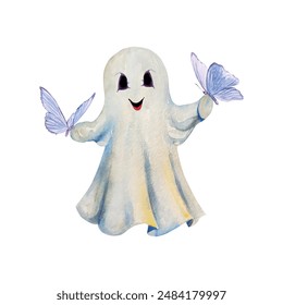 Ghost in a sheet, blue butterflies, watercolor. Vector illustration. Halloween greeting cards, invitations, large banners, posters, covers, flyers.