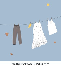Ghost sheet and clothing drying on a rope cartoon. Vector isolated illustration