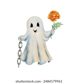 Ghost in a sheet, marigold flower and chain, watercolor. Vector illustration. Halloween greeting cards, invitations, banners, posters, covers, flyers.