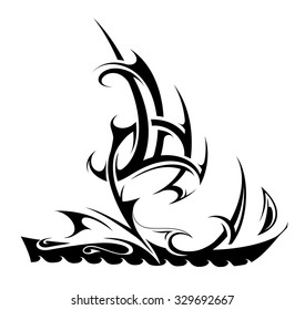 Ghost ship tattoo sketch. Pirate schooner silhouette