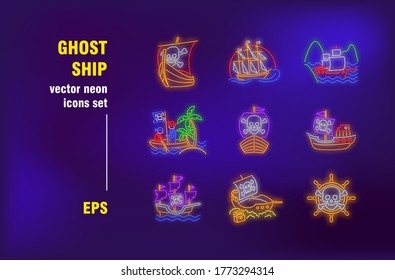 Ghost ships neon signs set. Pirate sailboats, dead vessels, skulls on sails. Night bright advertising. Vector illustration in neon style for banners, posters, flyers design