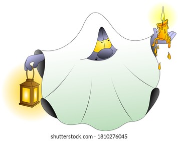 a ghost in a shroud holds a candle and a lantern in his hands