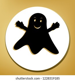 Ghost sign. Vector. Black icon with light brown shadow in white circle with shaped ring at golden background.