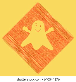 Ghost sign. Vector. Red scribble icon obtained as a result of subtraction rhomb and path. Royal yellow background.